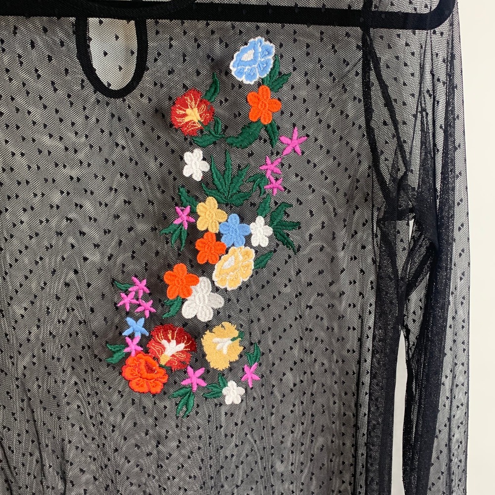 Guess Black Sheer Mesh Mini Dress with Multicolor Floral Embroidery - Picture 4 of 4